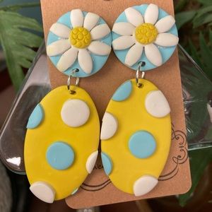 Floral dangle earrings with blue and white polka dots